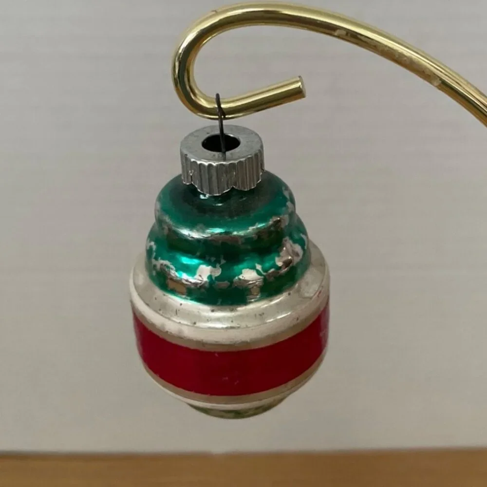 Vtg Shiny Brite Glass Christmas Ornaments Set Of 2 w Snowman And Striped Designs